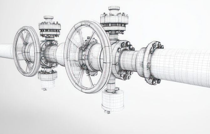 Wireframe illustration of an industrial pipeline system